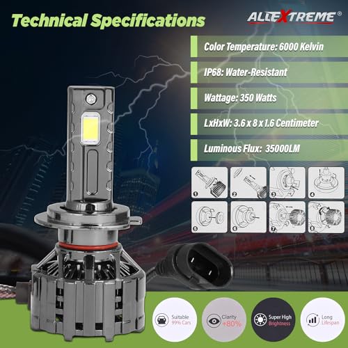 Image of AllExtreme H7 350W LED Headlight Bulb for Cars IP68 Water-Resistant Super Bright 6000K /35000LM Conversion Kit with 3 Copper Tube Heat Conduction System (1 Year Warranty, Set of 2)