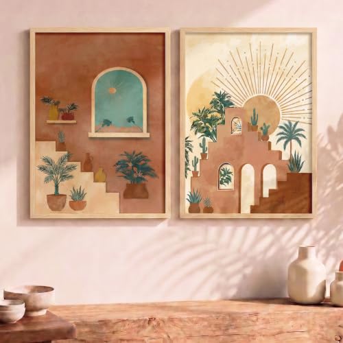 Image of YANVEER Boho Painting for Wall Decoration - Modern Art Wall Decor Framed Painting for Living Room Bedroom - Framed Wall Posters /Paintings with Frame Set of 2 (10X13 inch)