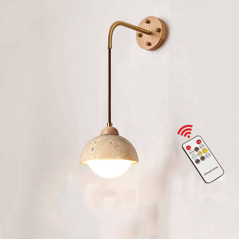 Luz de pared de travertino amarillo de mediados de siglo y cristal opalino con control remoto