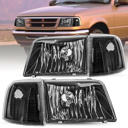 JSBOYAT Headlight Assembly for 93 94 95 96 97 Ford Ranger Headlamp w/Corner Light 4PCS (Black Housing with Clear Reflector)