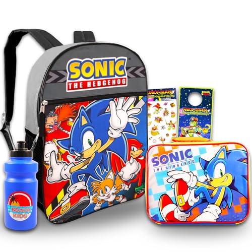 Sonic the Hedgehog Backpack with Lunch Box Set - Bundle with 16” Bookbag, Sonic Lunch Box, Stickers, and More | Sonic Backpack for Boys School Supplies