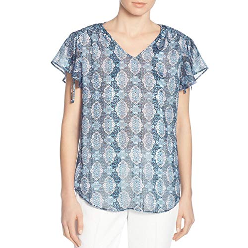 T Tahari Womens Printed Ruched Blouse Blue L