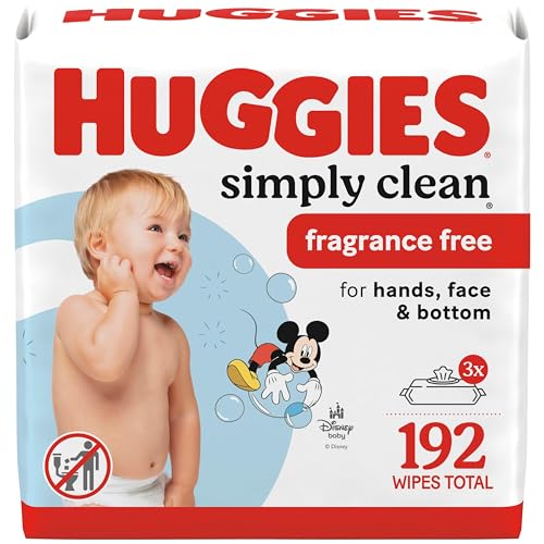 Huggies Simply Clean Unscented Baby Diaper Wipes, 3 Flip-Top Packs (192 Wipes Total), Packaging May Vary