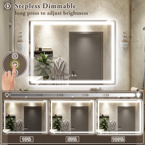 Image of 48 inch x 36 inch Led Bathroom Mirror with Lights, Anti-Fog & Tri-Color Lighting - Wall Mounted Shaving Mirror with Touch Sensor, Waterproof & Smart LED Vanity Mirror,Tempered Glass, Dimmable Smart Mirror