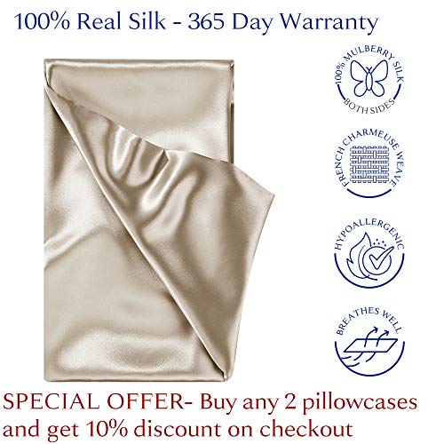 Sleep Mantra Real Silk Pillowcase Standard-Size Taupe - 30 Night Free Trial, 22 Momme Heavy Weight, Skin Rejuvenating Silk Pillow Sham, Washable Pillow Cover with Hidden Zipper (20 x 26 Inch)