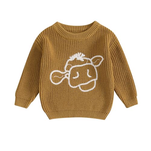 Image of Toddler Boy Girl Western Sweaters Infant Baby Cute Highland Cow Embroidery Jumper Long Sleeve Knitted Pullover Tops