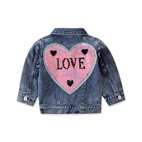 Kids Toddler Baby Girls Denim Jacket Ripped Sequin Button Down Jeans Jacket Top Coat Fall Winter Clothes (Denim Blue, 1-2Years)