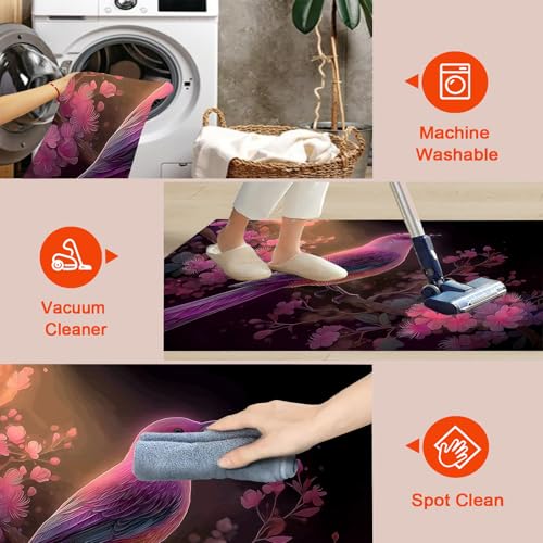 Tapis cerisier en fleurs oiseau rose violet grand format lavable machine