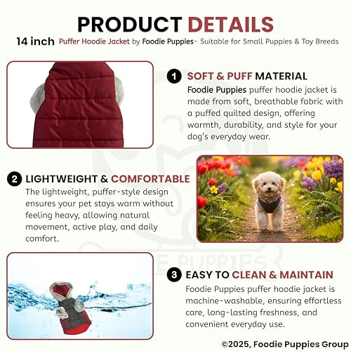 Image of Foodie Puppies Dog Puffer Hoodie Warm Winter Jacket - (Maroon Grey, 14 Inch) for Small Puppies | Ultra Warm Waterproof & Windproof Fur Coat | Washable Pet Vest Apparel for Cold Weather