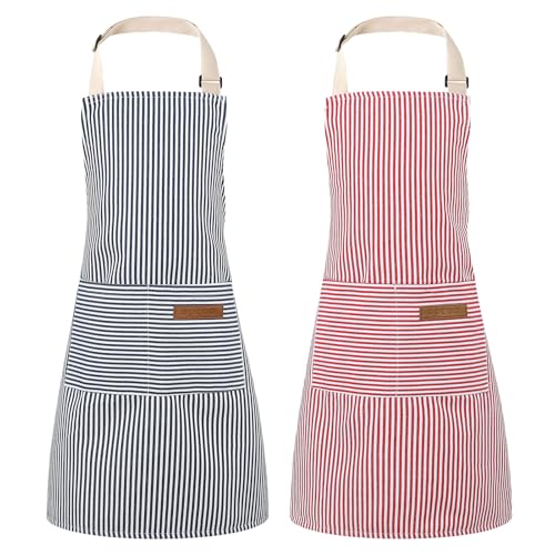 XLSXEXCL 2 Pack Stripes Kid's Apron with 2 Pockets, Cute Kid's Apron for Boys & Girls, Adjustable Chef Apron for Cooking, Cleaning, Painting (Blue+Pink, 45x50cm)
