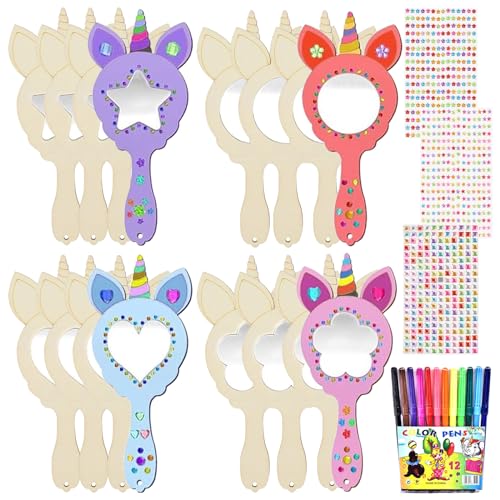 Seasboes Einhorn Basteln, 12 Stück Prinzessin DIY Holzspiegel, Mini Handgefertigte Handwerk für Kinder