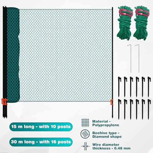 Mobiler Hühnerzaun, 15m 20m 30m 50mx 90cm Begrenzungszaun Geflügelzaun mit Engmaschiges Netz Barrier Fence Plug-In Fence Katzenzaun Gartenzaun für Hof Camping Haus, Grün (15M)