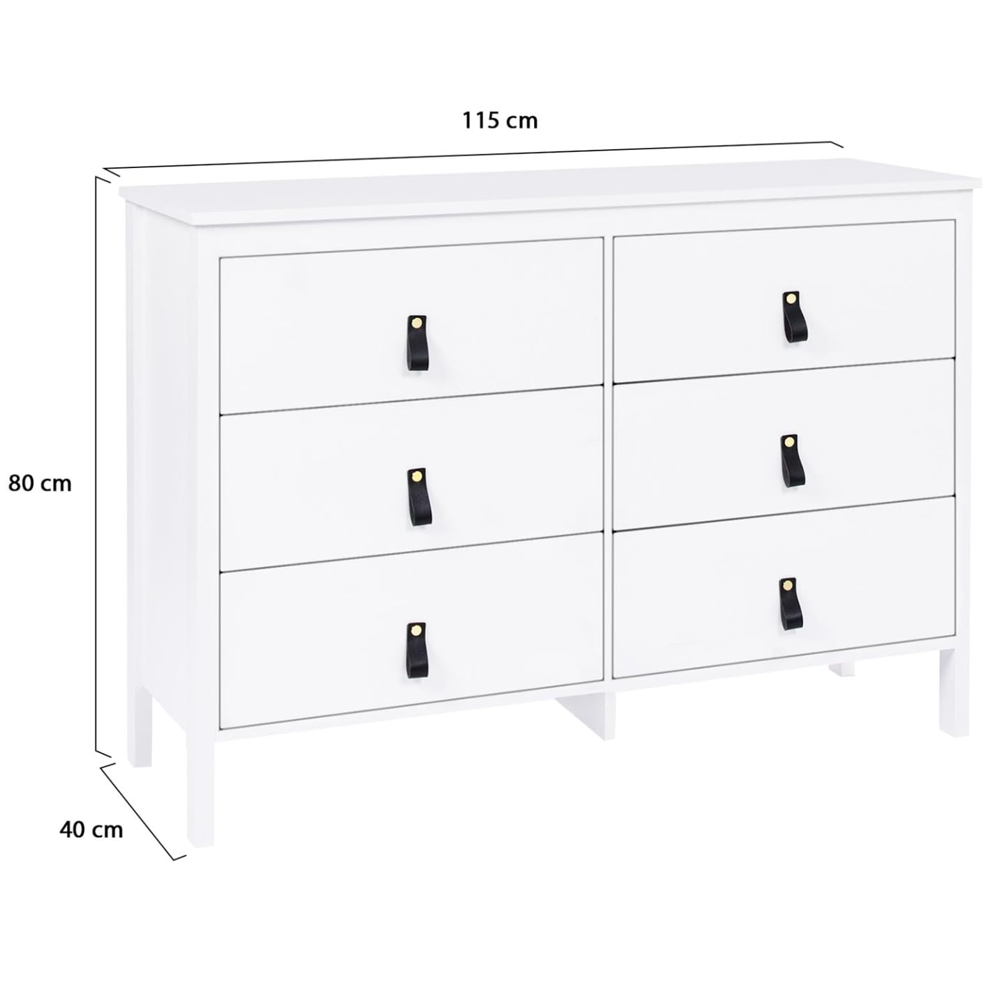 IDMarket - Commode 6 tiroirs Milano 115 cm Bois Blanc avec poignée Languette Noire
