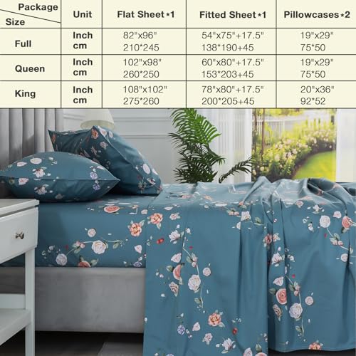 Image of Floral Percale Bed Sheets Queen Size Light Blue 4Pcs Set, Shabby Rose Patterned Chic Deep Pocket 100% Cotton Fitted Sheet Set, Soft Crisp Toile Bedsheets, Luxury Vintage Flower Bedding