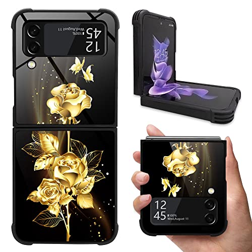 DAIZAG Case Compatible with Samsung Galaxy Z Flip 4 5G Case,Gold Flower Rose Butterfly for Man Woman, Protection Shockproof Anti-Scratches TPU Case for Samsung Galaxy Z Flip 4 5G