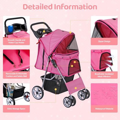Image of ZENY Foldable Pet Stroller, Cat /Dog Stroller with 4 Wheel, Pet Travel Carrier Strolling Cart with Storage Basket, Cup Holder (Pink)