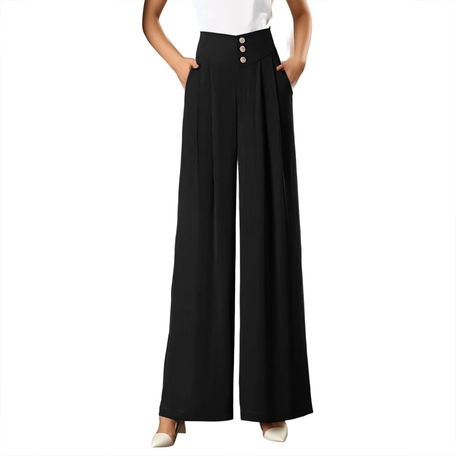 Women Wide Leg Dress Pants 2025 High Waisted Button Pleated Office Work Palazzotrousers Trendy Solid Business Casual Pants