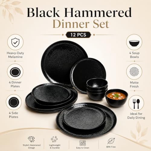 Image of Market99 Heavy-Duty Black Hammered Melamine Dinner Set - 12 Pcs | Includes 4 Dinner Plates, 4 Side Plates & 4 Soup Bowls | Matte Finish Tableware for Daily Dining, Kitchen & Elegant Mealtime Setup