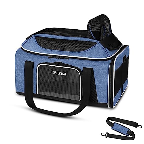 Petskd Top-Expandable Pet Carrier 17x12x8.5 Inches JetBlue Allegiant Spirit Airline Approved Soft-Sided Carrier for Small Cats and Dogs with Locking Safety Zippers and Anti-Scratch Mesh(Blue)