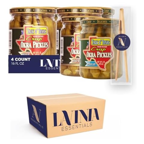 Talk o' Texas Pack- of Okra Pickles 16 oz Glass Jar + 1-7 Inch Bamboo Tong by Lavinia Essentials (4 Pack, Collection) Cover