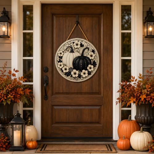 Image of Fall Decor - Black and White Pumpkin Wreath Door Sign for Front Door | Round Wooden Fall Pumpkin Hanging Decor for Front Porch | Autumn Thanksgiving Door Wall Decor - Fall Decorations for Home