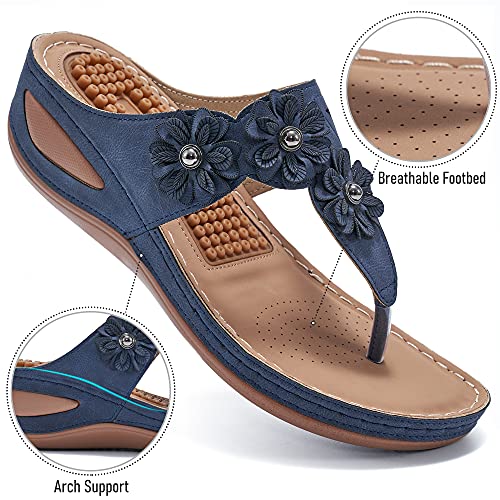 Fudynmalc Wedge Sandals For Women Summer Dressy: Comfortable Cushion Footbed Platform Flip Flops - Adjustable Hook Loop Wedges Orthopedic Shoes Dark Blue Size 11 #TOP4