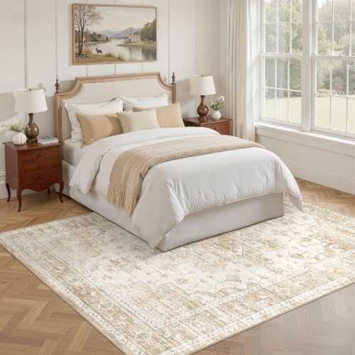 ELLIUNE Washable Area Rug 6x9: Soft Vintage Beige Rugs for Living Room