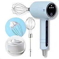 Batedeira Elétrica Portátil USB, 2 Batedores Inox, 3 Velocidades, Recarregável, Azul
