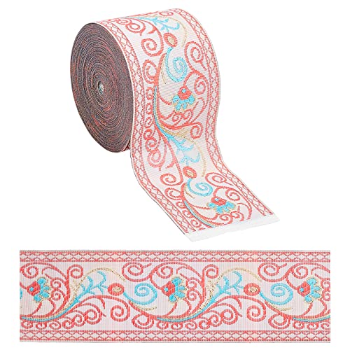 GORGECRAFT 7.65 Yard Embroidered Jacquard Ribbon 2" Width Vintage Embroidered Ribbon Floral Woven Trim Fabric for Embellishment Craft Supplies Pink