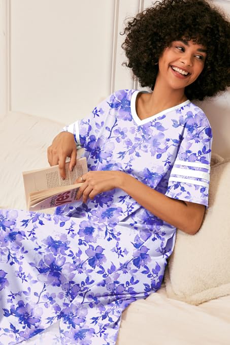 Image of Ekouaer Long Nightgown, Womens V Neck Loungewear Oversized Sleepwear Loose Sleep Dress S-4XL