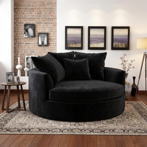 Image of SOFALIZE - Modern Barrel Accent with Pillows Round Sofa Modern Combines Contemporary Design Oversize Arm Chair Cozy Club Chair for Bedroom, Living Room, Lounge, Hotel & Office Hallways Sofa (Black)