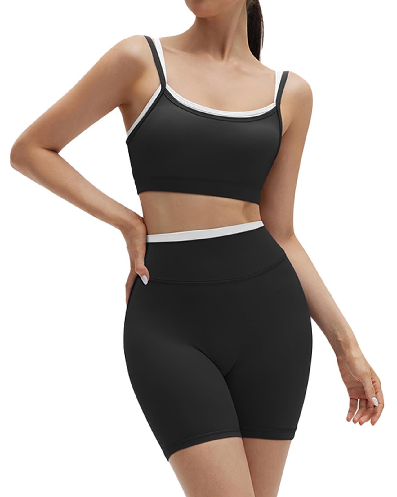 SUUKSESS Women 2 Pieces Workout Sets Padded Spaghetti Straps Camis High Waist Biker Shorts