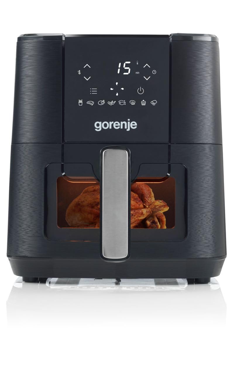Gorenje AF1350DWB Heißluftfritteuse / 1.350 Watt/Korb 5,4 Liter mit Sichtfenst / 8 Automatik Programme/Antihaft-Beschichtung/LED Anzeige/B x H x T: 28 × 35,3 × 32,1 cm/Schwarz