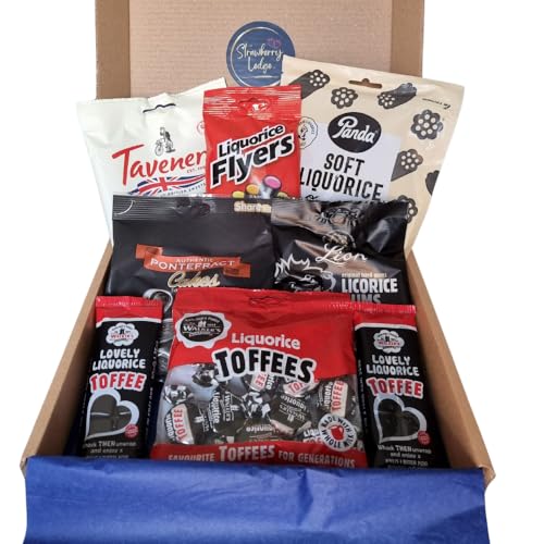 Liquorice Sweets Selection Gift Box Hamper by Strawberry Ledge | Soft Black Liquorice, Allsorts, Licorice Toffees, Pontefract Cakes, Hard Gums & Flyers | Perfect Present For All Occasions