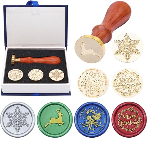 SWANGSA Wax Seal Stamp Set Vintage 4 Pieces Christmas Sealing Wax Stamp Heads + 1 Wooden Handle for Christmas New Year Gift Cards Wine Packages