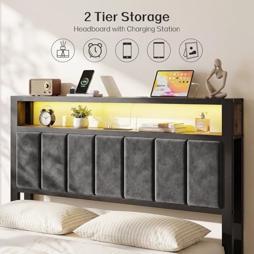 Image of OLEVS Full Size Bed Frame with Charging Station & LED Light, 2-Tier Storage Headboard & Footboard, Type C & USB Ports Metal Platform Bed, No Box Spring Needed, Easy Assembly