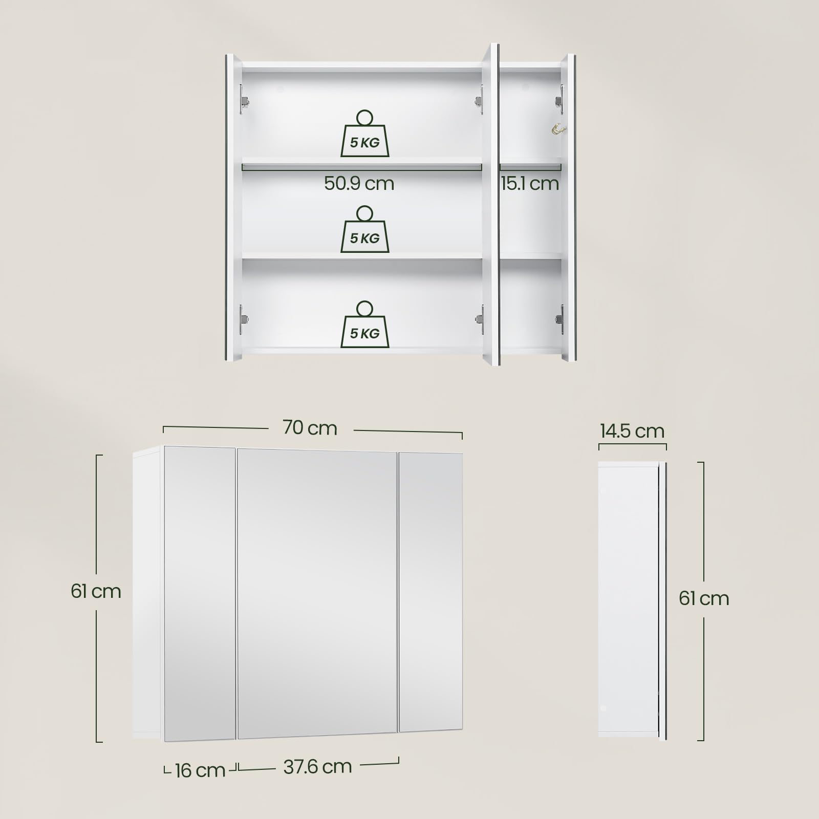 EUGAD Armadietto Bagno con Specchio, Mobile Bagno Sospeso, con 3 Ante, Ganci, Ripiani Regolabili, Stile Nordico, Bianco, 70x14,5x61 cm