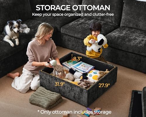 Image of 124.8'' Oversized Modular Sofa Comfy Cloud Couch with Storage Wide L-Shaped Sectional Sofa Set with Chaise for Living Room, Covers Washable, 4-Seater with Ottoman, Chenille, Black