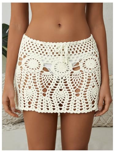 MakeMeChic Women's Crochet Cover Up Skirt High Waist Drawstring Knit Swimsuits Boho Swim Skirts4