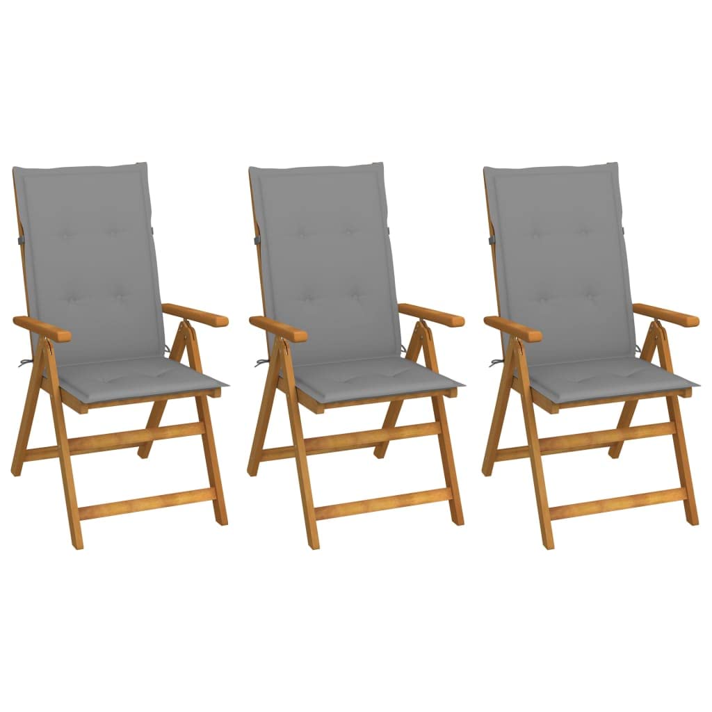 Składane krzesła ogrodowe, 3 sztuki, z tapicerką, lite drewno akacjowe, regulowane w 5 pozycjach, składane krzesło na taras, balkon, do ogrodu, wygodne krzesło relaksacyjne z poduszką i