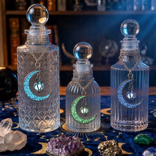 Glass Ritual Bottle Set of 3 with Glow Moon Necklaces and Airtight Stoppers | Leak-Proof Spell Jars for Crystal Cleansing, Meditation, Full Moon Rituals, Altar Decor, Potion Bottles and Celestial Decor