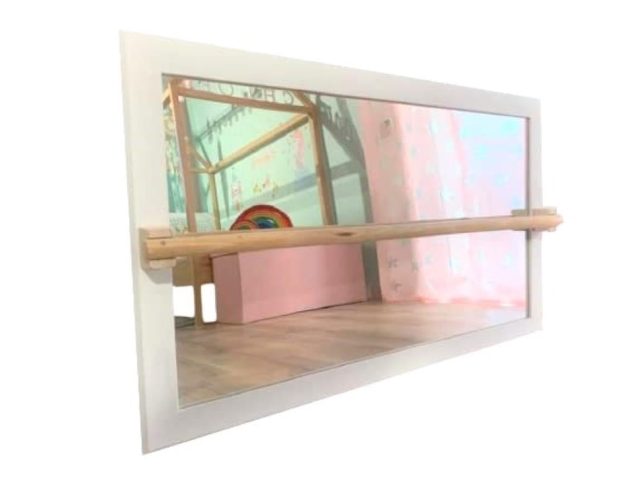 Espejo Montessori con barra de madera para bebés (color Blanco) y espejo de seguridad irromplible, tamaño Mediano 70x40cm.