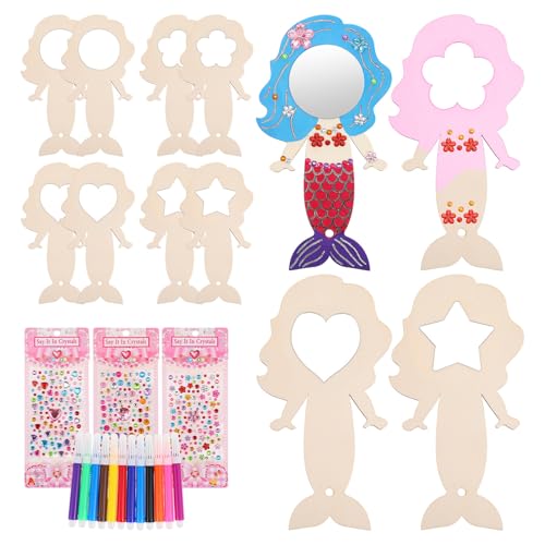 TOYANDONA 12 Pack Wooden Mirror Craft for Kids, Decorate Your Own Mermaid Mirror Unfinished Wood Handheld Mirrors Craft DIY Wooden Arts and Crafts to Paint for Activities Party Favors