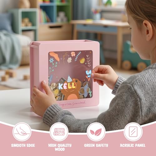 Image of Summidate Wooden Piggy Bank for Kids Girls, Money Savings Bank with Clear Removable Windows and DIY Stickers, Kids Visual Cash Vault Box for Teens, Birthday