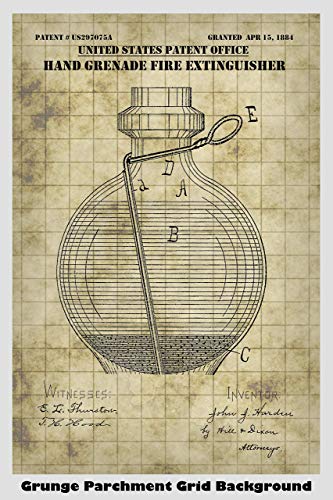 Vintage Hand Grenade Fire Extinguisher Poster: Multiple Size/Color Options, Patent Print Wall Art, Fire Supression Patent Artwork, Firefighter Gear Gift Decor, Museum Quality Line Art Design Diagram