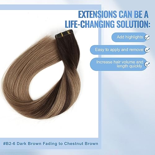 Image of Sixstarhair Invisible Tape In Hair Extensions Real Human Hair Balayage Dark Brown Fading to Chestnut Brown Remy Tape Hair Extensions for Woman 20 Pieces 50g [Color #B2-6 18 inch]
