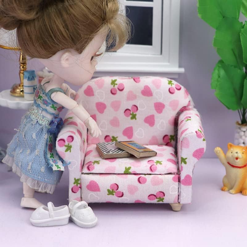 Miniatura 2 de Accesorios de decoración de casa de muñecas, 1:12 casa de muñecas en miniatura hecha a mano de algodón rosa sofá de amor individual
