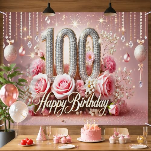 Image of Nuxovilar 100th Birthday Banner - Elegant Pink & Gold Floral Backdrop