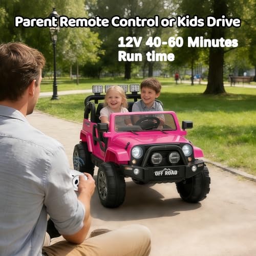 Image of 12V 2-Seat Electric Car for Kids, Ride on Toy for Big Kids 3-8, Battery Powered Ride on Car with Remote Control, LED Light, Music (Pink)
