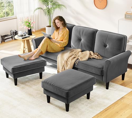 Image of Kidirect Small Sectional Couch, 83 inch U Shaped Couch, Comfy Velvet Couches for Living Room, Tool-Free Setup Modular Sectional Sofa, 850lbs Load Sofas for Living Room with 2 Movable Ottomans, Grey Couch